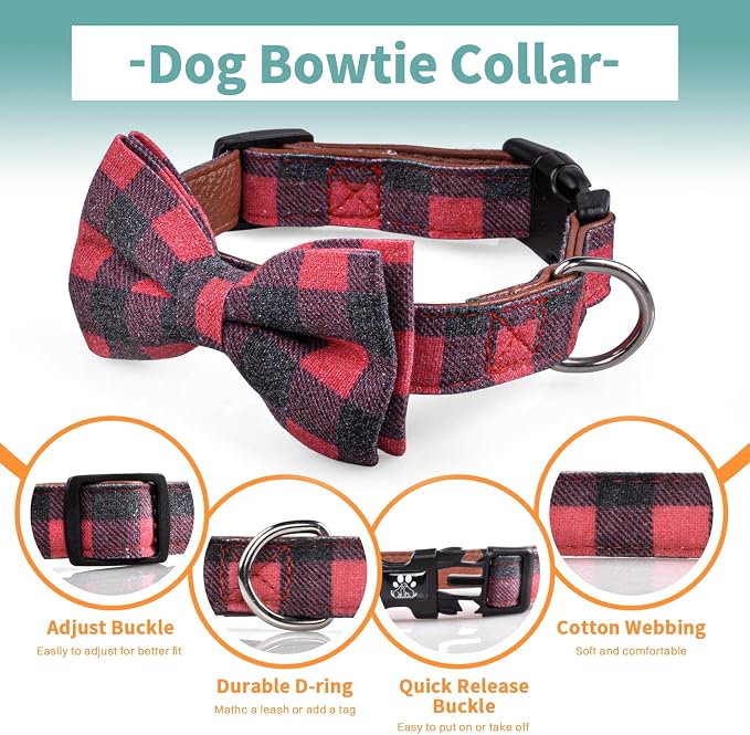 IVY&LANE Dog Collar with Bowtie and Leash Set | Plaid Adjustable Dog Collar | Detachable Bow Tie |5 FT Dog Leash | for Small Medium Large Dogs | Checkered Red | Medium
