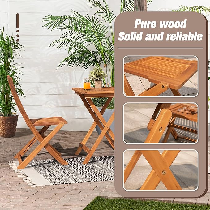 Devoko Outdoor 3 Piece Folding Patio Bistro Set Acacia Wood Bistro Table and