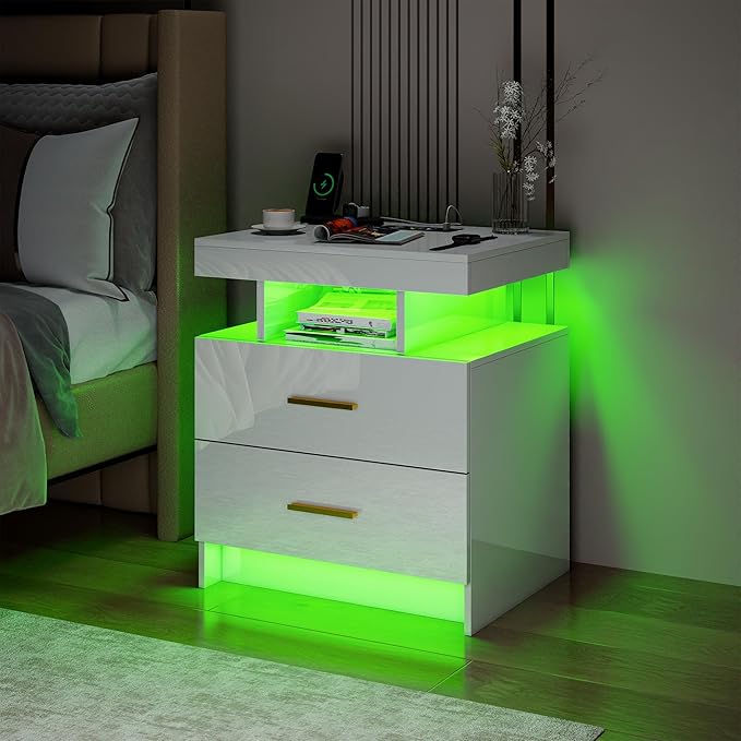 Smart Night Stand with Charging Station, Modern White Nightstand with 24 Color