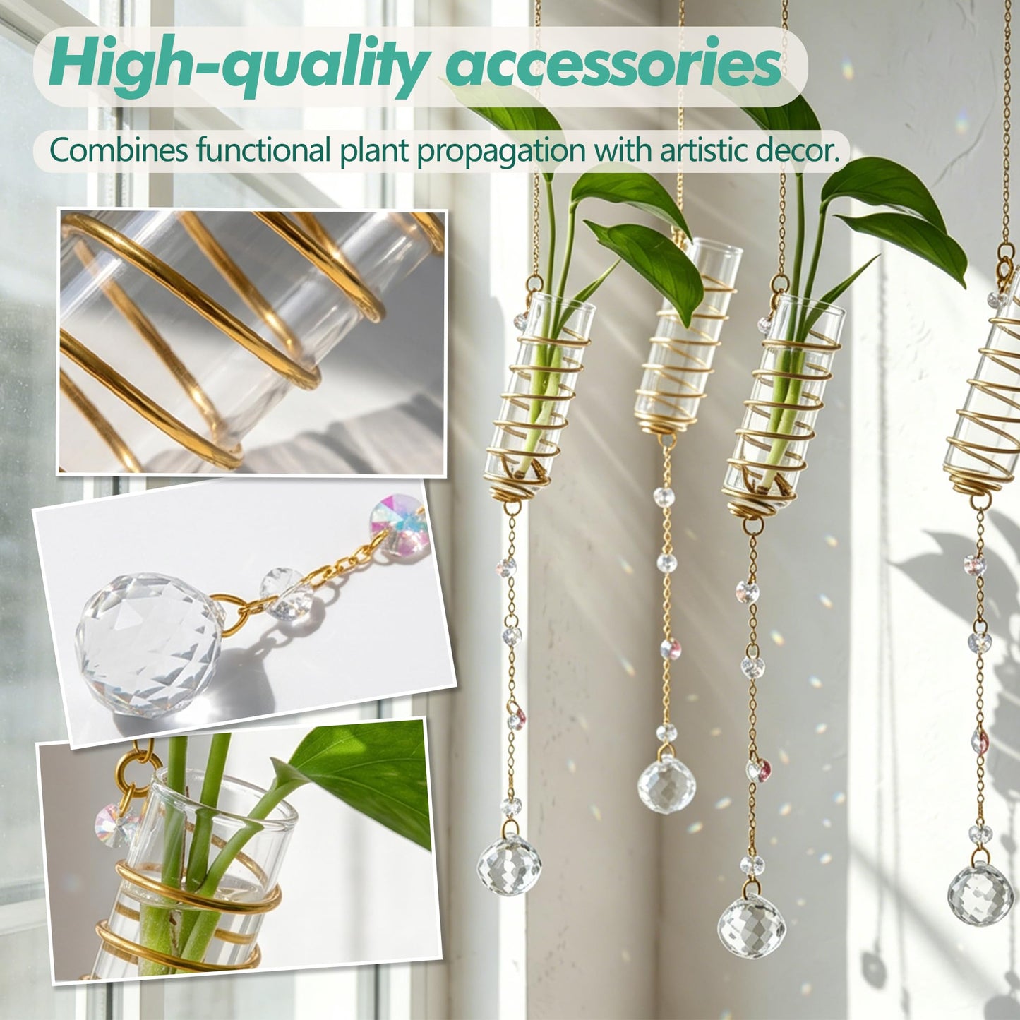 H&D HYALINE & DORA 6 Pcs Hanging Propagation Station with Crystal Ball Prisms Suncatcher and Cleaning Brush, Glass Wall Vases Crystals Prism Hanging Decor for Windows Home Wedding Decoration(Golden)