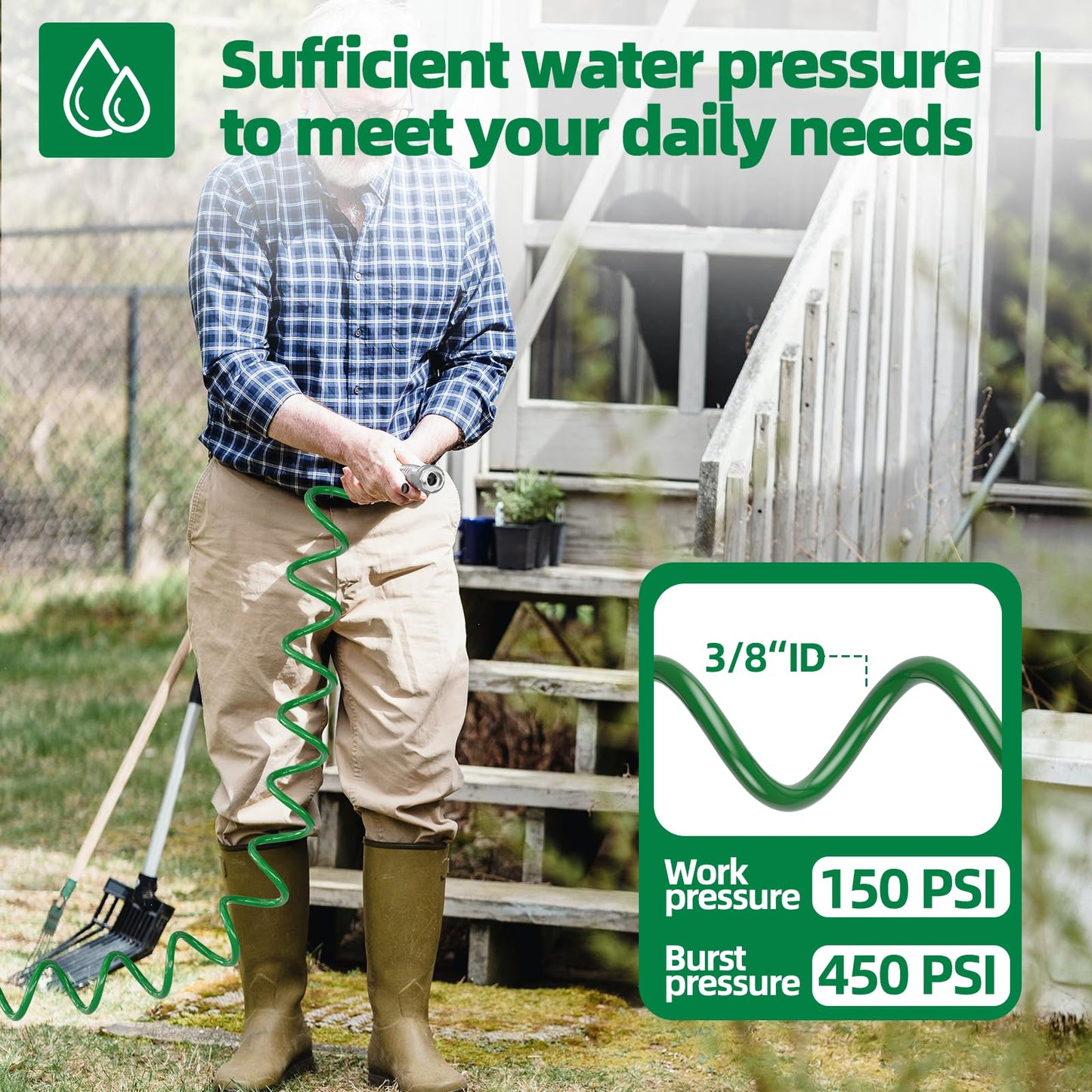SPECILITE 3/8" Lightweight Coil Garden Hose 50 FT, EVA Flexible Curly Water Pipes with 6-Pattern Spray Nozzle for Boat, Greenhouse, Yard, Patio, Green