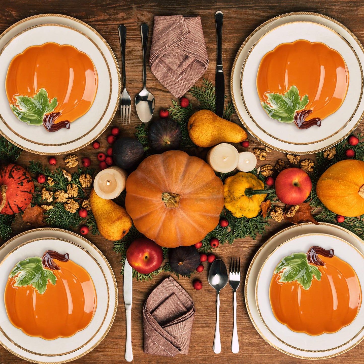 FillTouch 4 Pcs 5.91'' Ceramic Pumpkin Plates Thanksgiving Fall Platters Candy Dishes Harvest Serving Bowl for Thanksgiving Halloween Autumn Orange Party Supplies Dinnerware