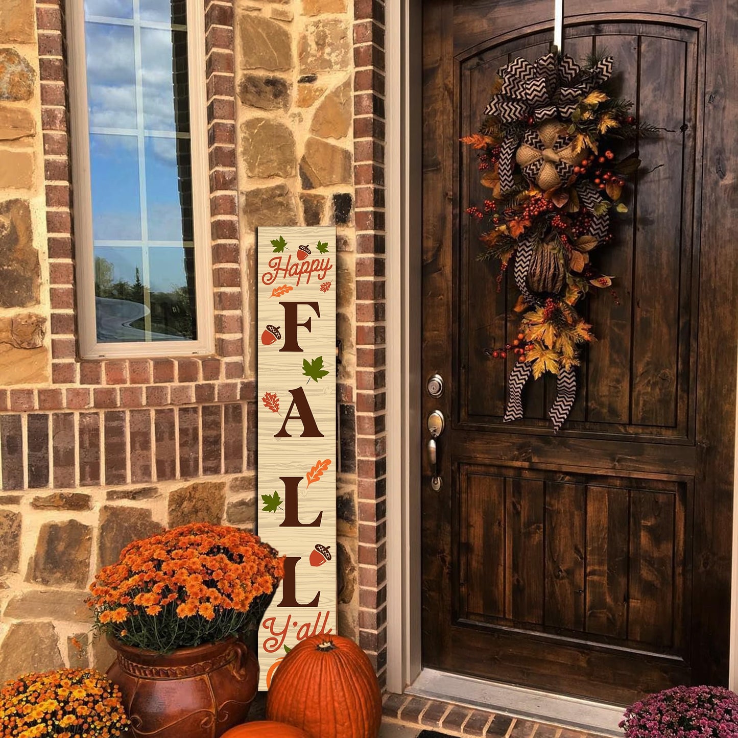 Happy Fall Sign Autumn Front Door Hanging Decor Welcome Sign Wooden Vertical Indoor Outdoor Standing Sign For Garden Home Yard Farmhouse Porch 47.2 x 7.8 Inch