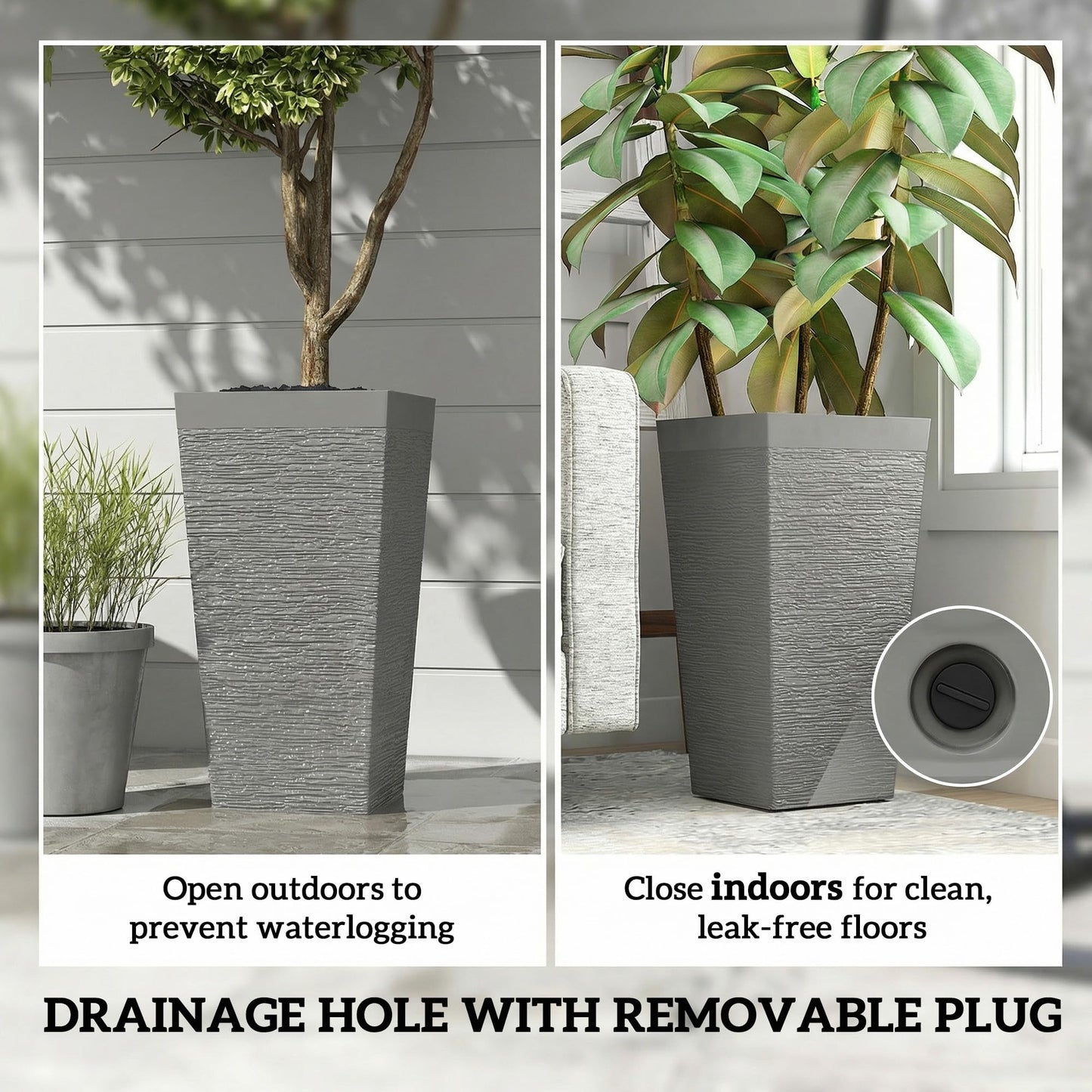 Outsunny 22.8 Inch Tall Planters for Outdoor Plants, Set of 3 Plastic Flower Pots with Stone Finish and Wheels, Stackable Tapered Planters with Drainage Hole for Indoor Plants, Front Porch, Gray
