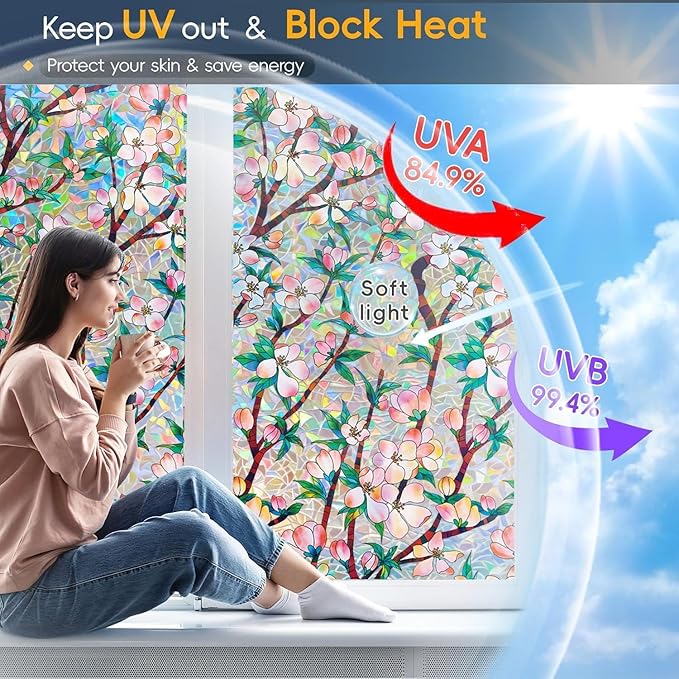 Rainbow Window Privacy Film Decorative, 3D Decals Stained Glass Clings, Static Cling Sticker, Suncatcher Windows Cover Tint for Home, 17.5 Inch x 78.74 Inch