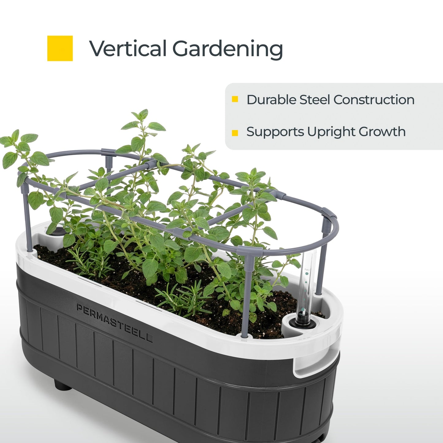 Permasteel Herb Garden Planter with Trellis Support, Self-Watering System with Water Level Indicator, Fits Multiple Herb Plants, for Basil, Flowers, Succulents, Indoor & Outdoor, Black