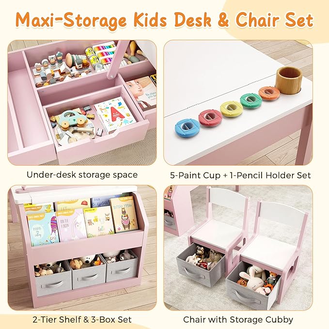 5-in-1 Kids Art Table and Chairs, Wood Toddler Table and Chair Set