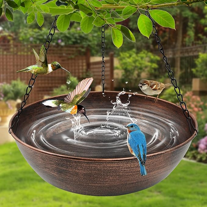 Hanging Bird Bath for Outside, 13" Metal Bird Bath Bowl with Chains & Hook Outdoor Hanging Birdbath for Tree, Gazebo, Patio, Balcony, Gift for Bird Lovers