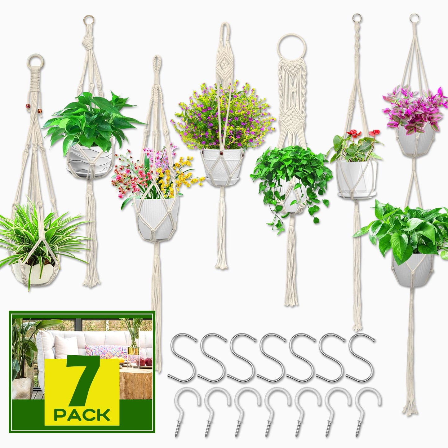 IGaiety Macrame Plant Hanger,7 Pack Plant Hanger Indoor Hanging Planters with 7Pcs Ceiling and S Hooks-Handmade Macromay Plant Hangers Outdoor Macrame Plant Holder for Boho Home Decor