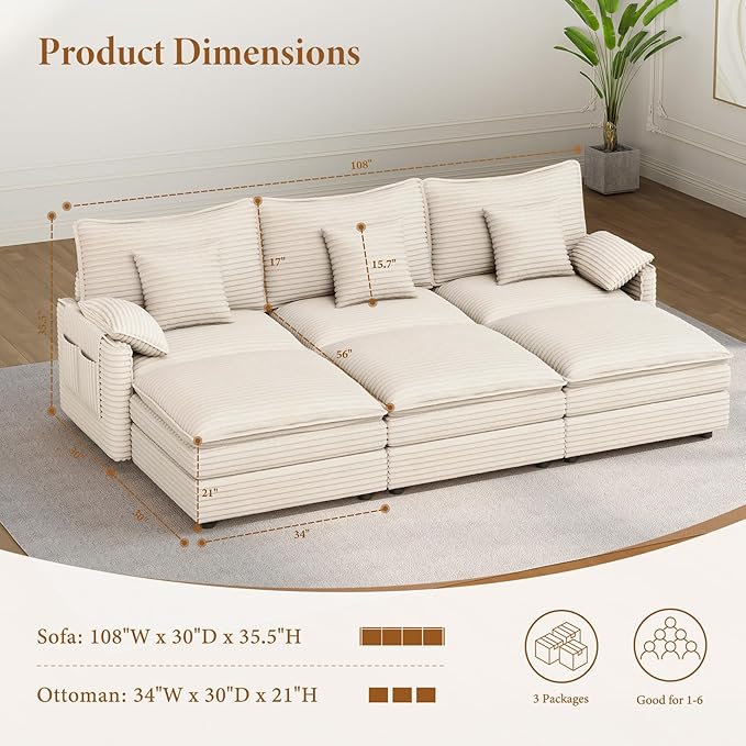 Vesgantti 108" Cloud Couch for Living Room, t6 Seats Deep Seat Sectional