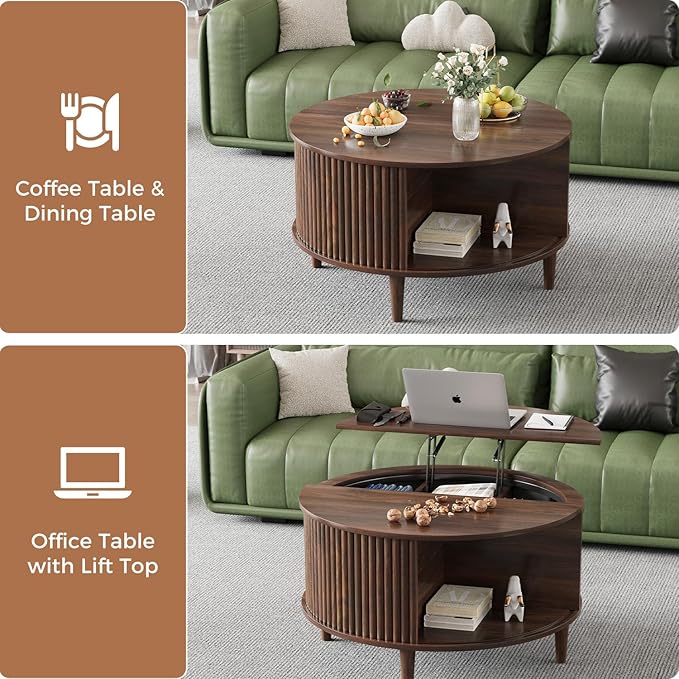 Round Coffee Table with Storage, Fluted Lift Top Coffee Table