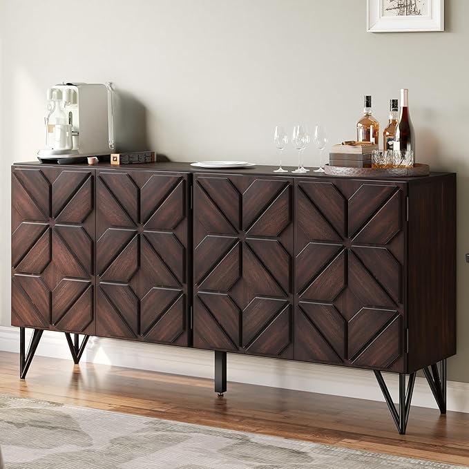 AMERLIFE 63” Solid Acacia Wood Sideboard Buffet Cabinet, Hand-Carved Geometric