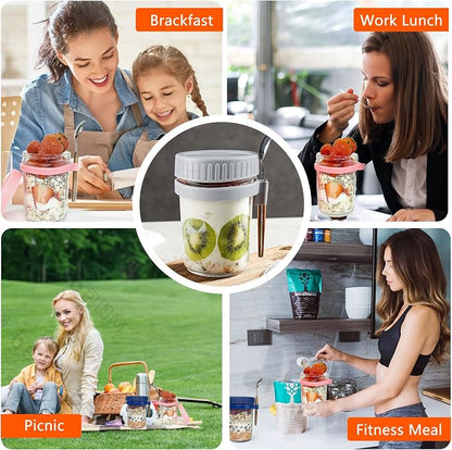 Overnight Oats Container - Yogurt Oatmeal Glass Canning with Lids and Spoon, 10 oz Cereals, Milk, Fruit Salad, with Measurement Marks (White+grey)