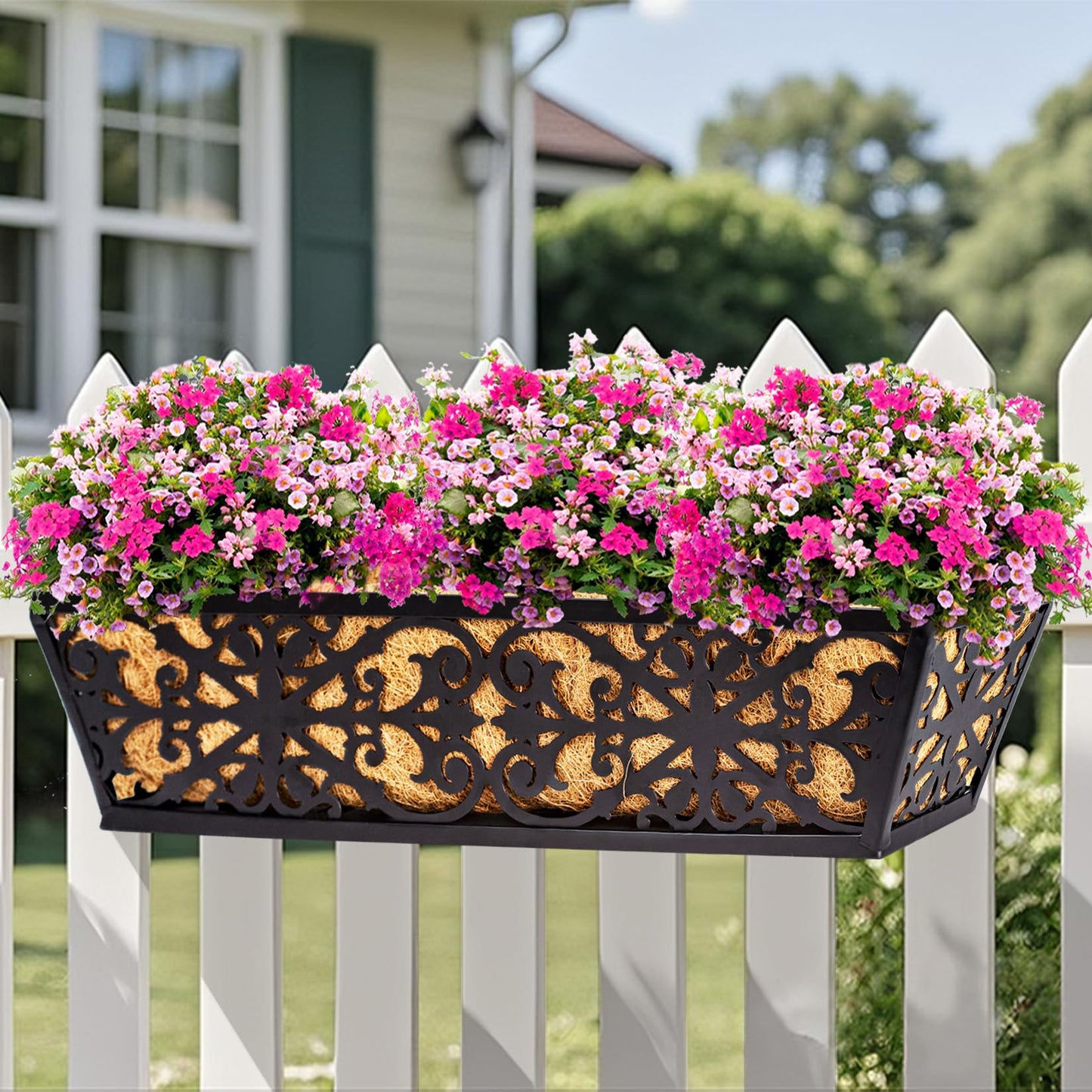 Karlliu 2 Pack 24 Inch Window Boxes Planters Railing Planter Box with Adjustable Brackets & Coco Liners Fabric Plant Grow Bags Deck Railing Planter Boxes Balcony Hanging Flower Box for Outdoor Plants