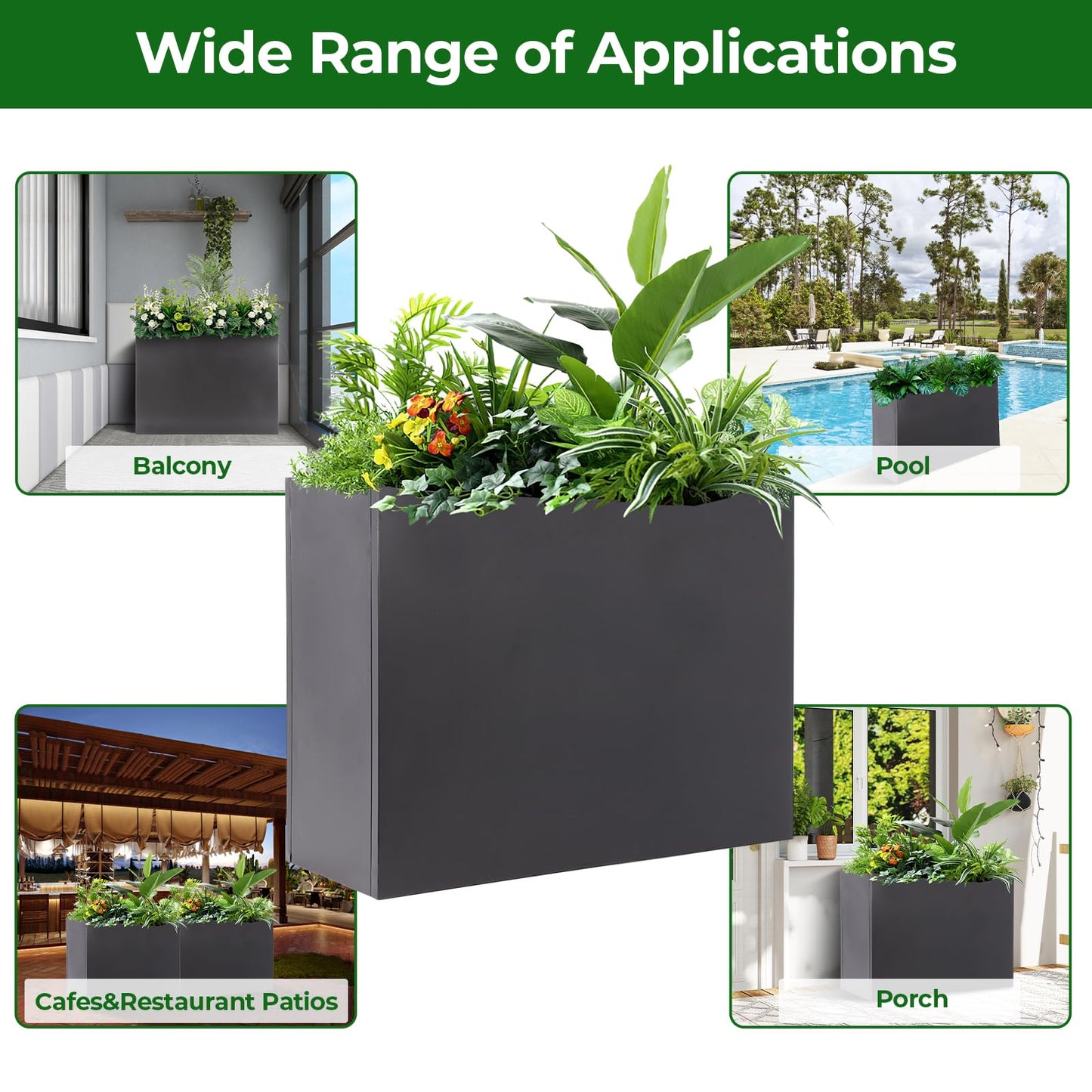 Metal Tall Rectangular Planter 32" L x 12" W x 24" H – Heavy Duty Steel Large Planter Box with Drainage Holes & Removable Shelf – Outdoor & Indoor Tall Flower Planter for Patio, Porch, Yard & Balcony