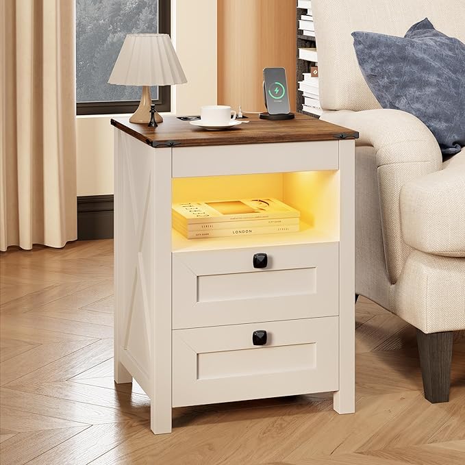 HWB LED Nightstand with Gun Drawer: Bedside Table with Charging Station