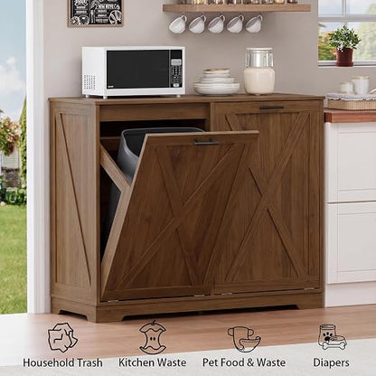 Double Tilt Out Trash Can Cabinet, Wooden Farmhouse Kitchen Garbage Bin Enclosure with Negative Ion Odor Control, Hidden Dog Proof Trash or Laundry Basket Storage for Laundry Room, Walnut