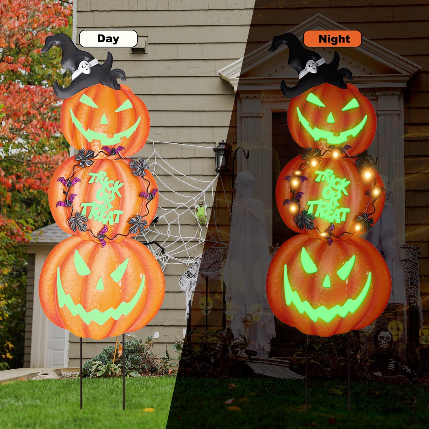 Fovths 6 Pieces 38.2 Inch Metal Halloween Pumpkins Yard Signs with Stakes Waterproof Solar String Lights Pumpkin Ghost Witches Hat Stakes for Halloween Theme Party Outdoor Garden Lawn Decor