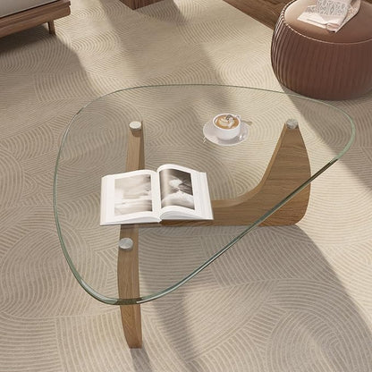 Modern Glass Coffee Table, Triangle Center Table with Tempered Glass Top& Unique Wooden Base, 35.5” Mid Century Tea Tables for Living Room, Apartment, Office,Wood &Transparent