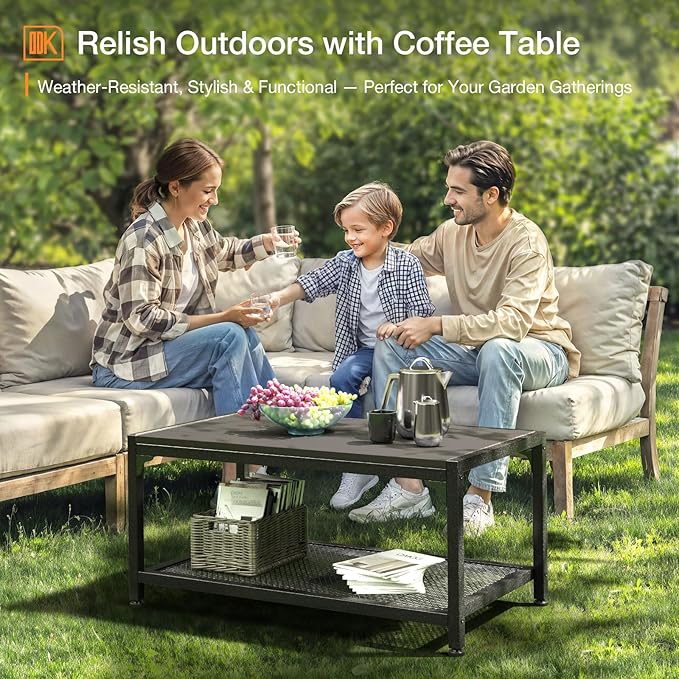 ODK Outdoor Coffee Table with Double-Layer Storage, Rectangle Weather-Resistant
