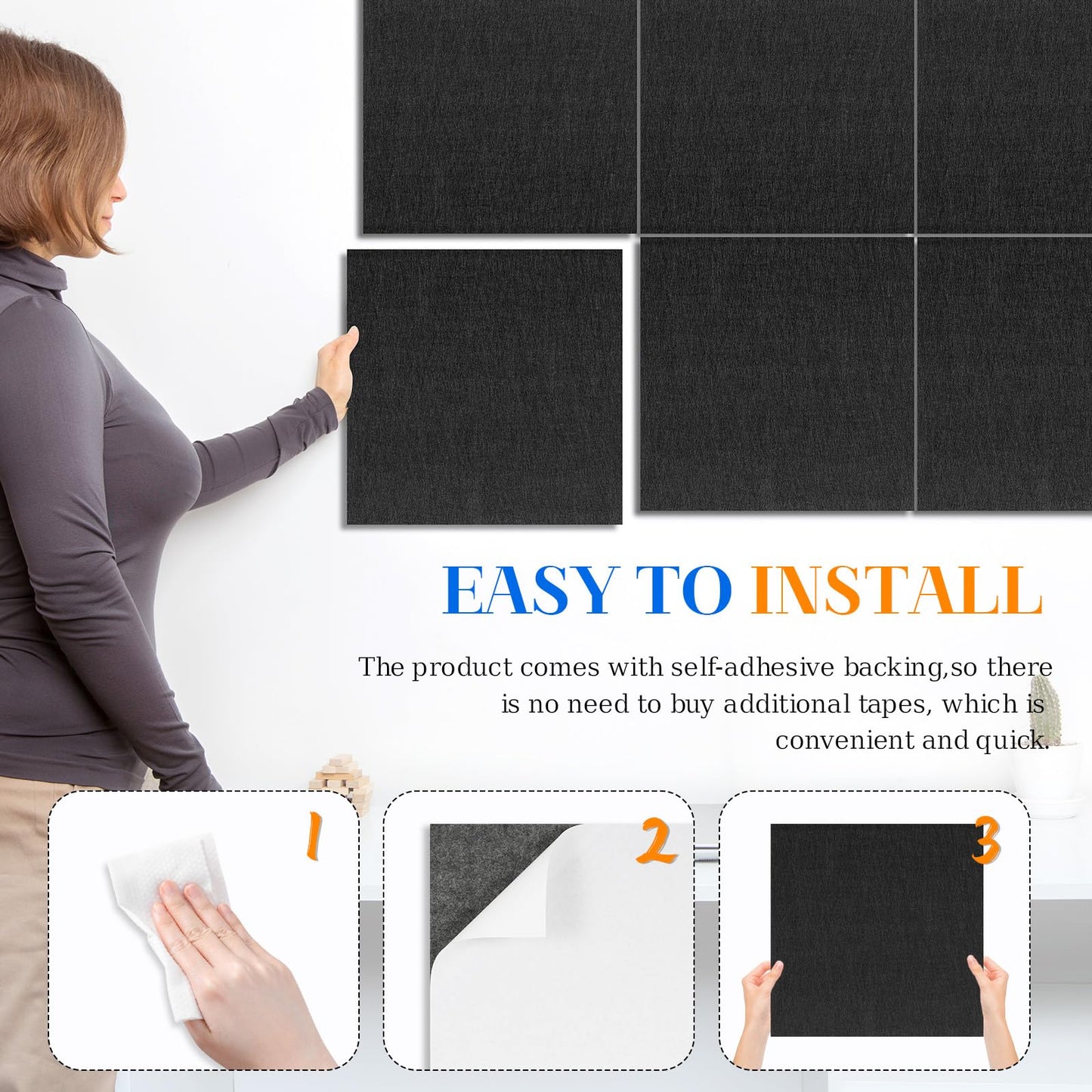 DOLLAR BOSS Felt Cork Board Tiles, 6 Packs 12" x 12" 1/2" Thick Cork Bulletin Board Self Adhesive Acoustic Panels Soundproof Corkboards for Walls with 60 Pushpins for Home Office Kitchen School, Black