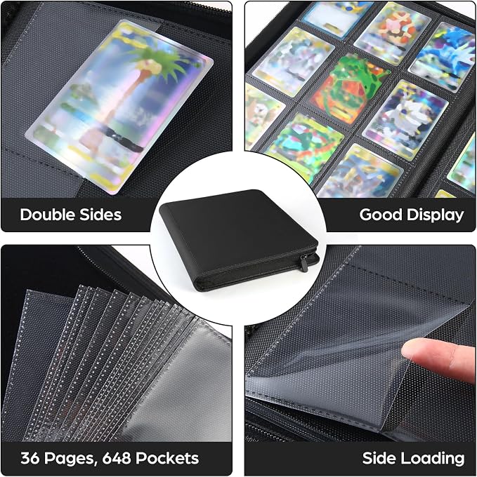 Card Binder 9 Pocket with Zipper, 648 Pockets Trading Card Holder Book, Premium PU Cover Zip Folder Binder, Side Loading Carrying Case Binder Album for TCG, MTG, Sports Cards, Game Cards