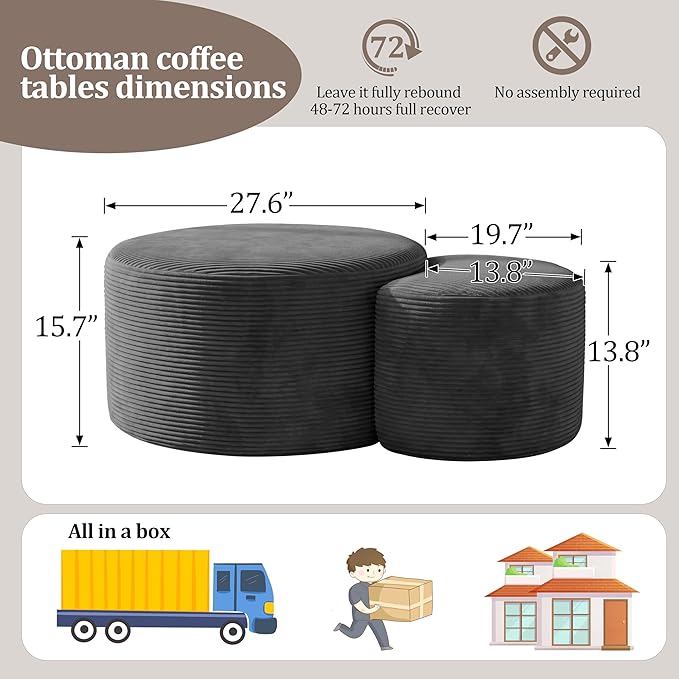 BSHOMGI Boneless Ottoman Nesting Coffee Table Set of 2, Corduroy Soft Foot Rest