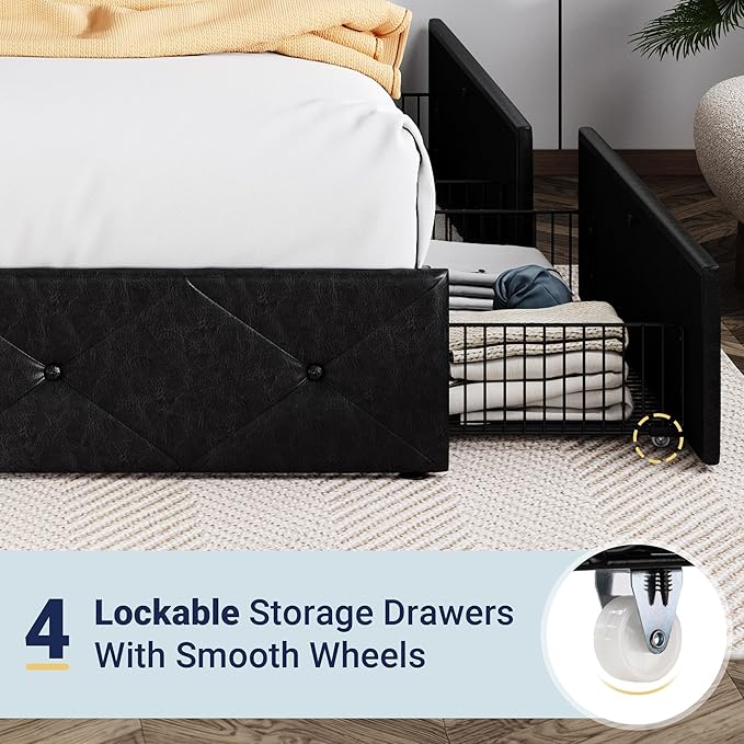 Allewie King Size Black Metal Faux Leather Platform Bed Frame