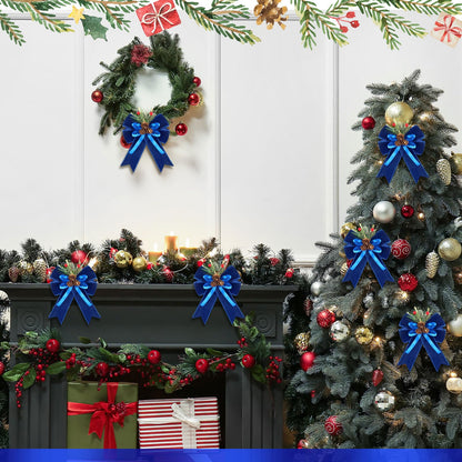 Syhood 6 Pcs Christmas Bows with Pine Cones Pine Needles Xmas Blue Velvet Bows Blue Velvet Ribbon Christmas Tree Wreath Decoration for Xmas Parties Indoor Outdoor Crafts DIY Decor
