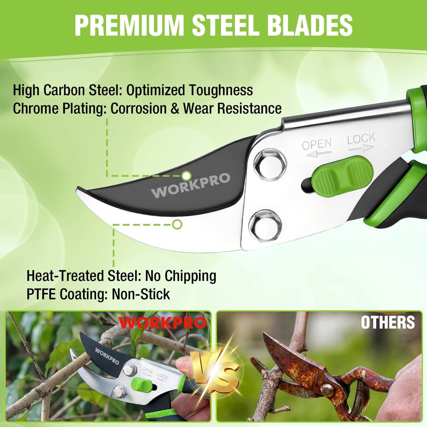 WORKPRO Bypass Pruning Shears, 8.5" Hand Pruner with Non-Slip Grip Handle, Garden Clippers with High Carbon Steel for Branches, Flowers, Fruits, Plants, Bonsai, Gardening Gifts for Women Men