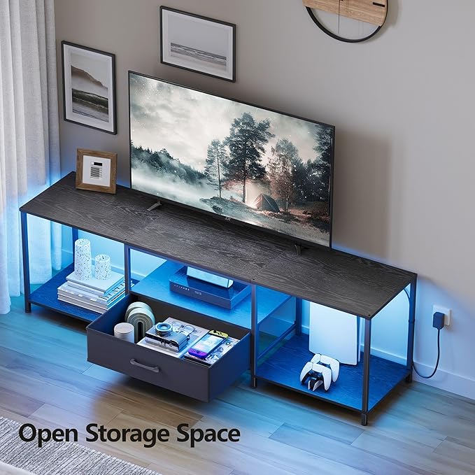 JARHETUN TV Stand with LED Lights, Entertainment Center with Open Shelves and