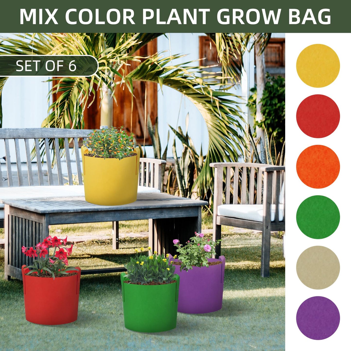 Ohiyoo 6 Pack 10 Gallon Grow Bags, Colorful Fabric Plant Pots with Handles, Garden 10 Gal Fabric Grow Pots, Vegetable Plant Growing Bags for Garden (10 Gallon)