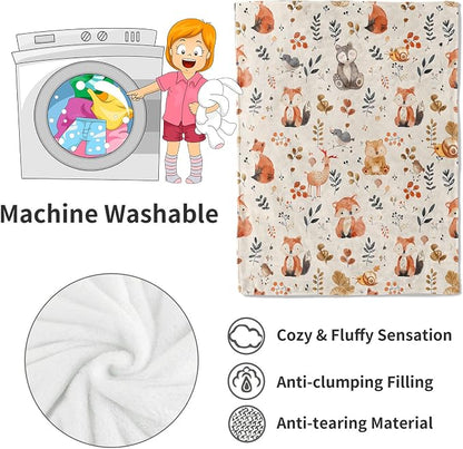 Cute Woodland Animal Blanket,Cartoon Fox, Owl, and Deer Throw Blankets,Gifts for Kids & Animal Lovers,Lightweight Soft Fleece,for Picnic Sofa Couch Bed Room Travel,Birthday Decor,60x80in