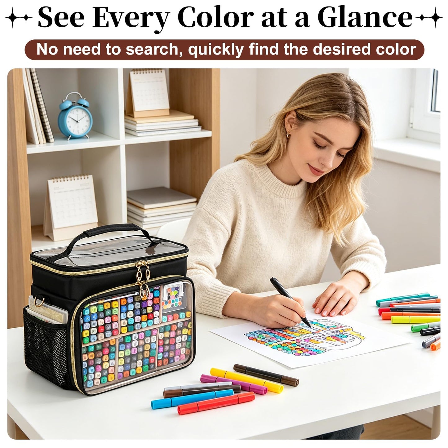 Wigojoy Large Marker Organizer Case for 200-300 Markers, Double-Layer Marker Bag with Removable Dividers, Marker Organizer for Markers, Pencils, Crayons or Other Art Supplies, Black (Bag Only)
