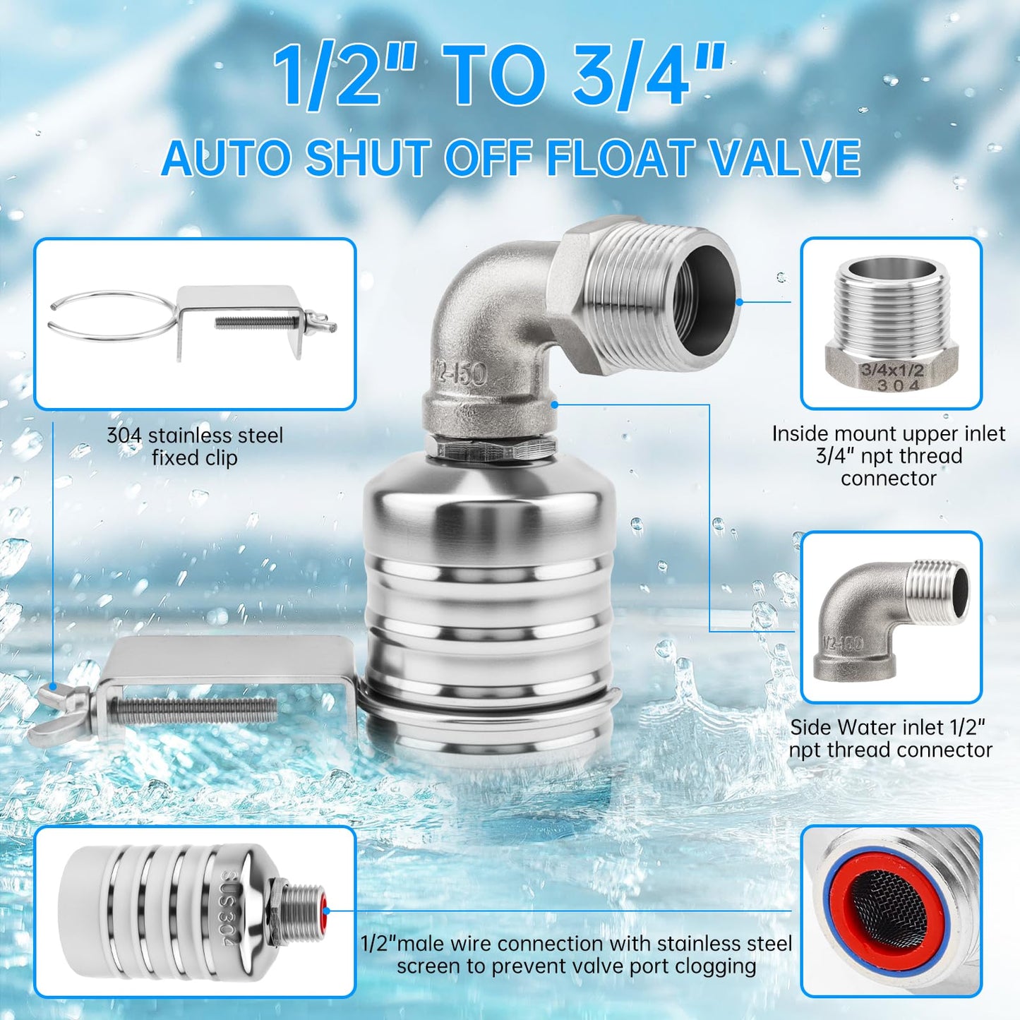 2 Pack Float Valve, Automatic Water Level Control Valve with 1/2inch to 3/4inch 1inch Adapter for Water Tank, Aquariums, Livestock Trough (2)