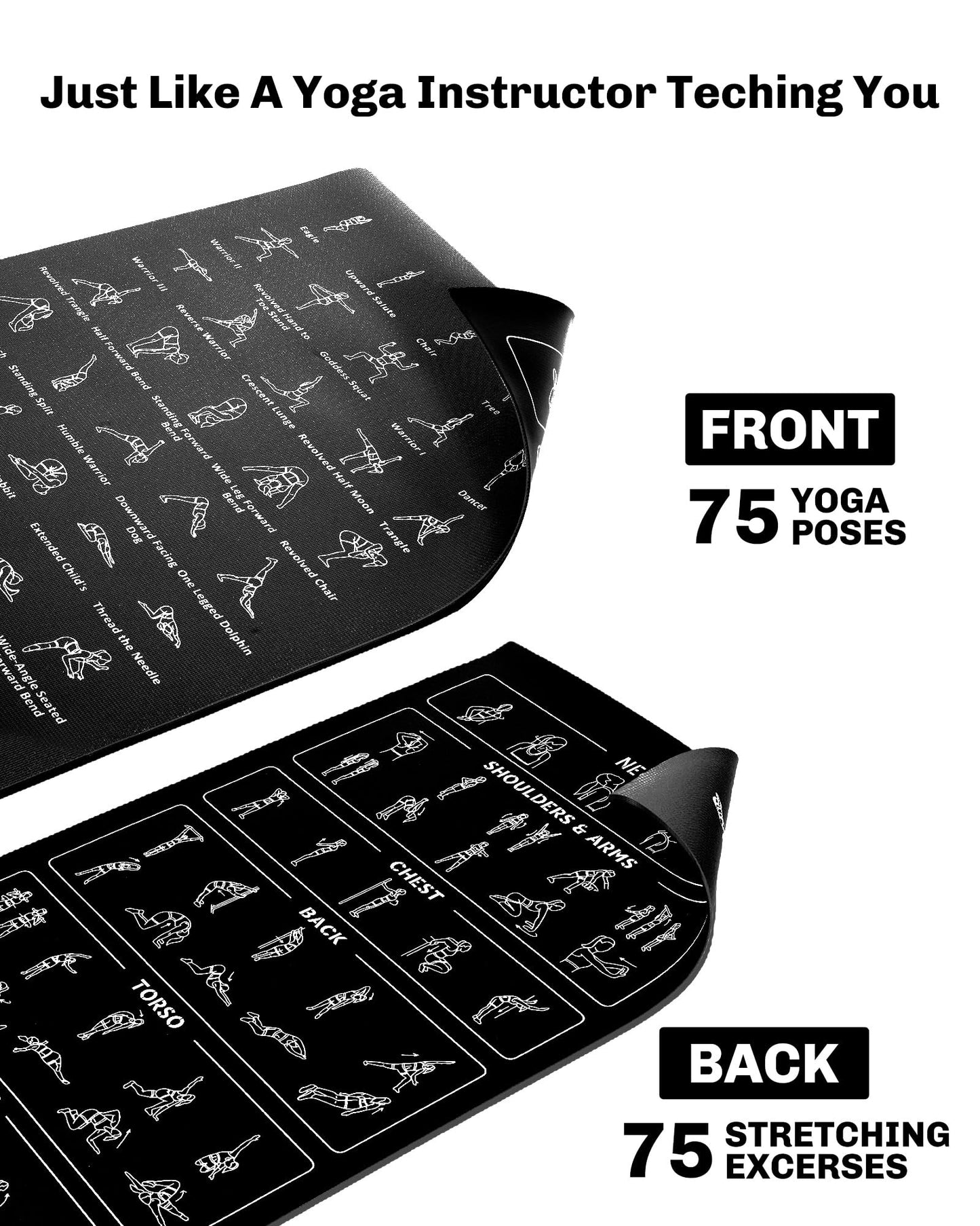 Instructional Travel Yoga Mat with 75 Poses & Exercises - Non-slip Exercise Mat for Home Workout, Includes Carrying Bag - Perfect for Beginners, 68"x24"x0.25"