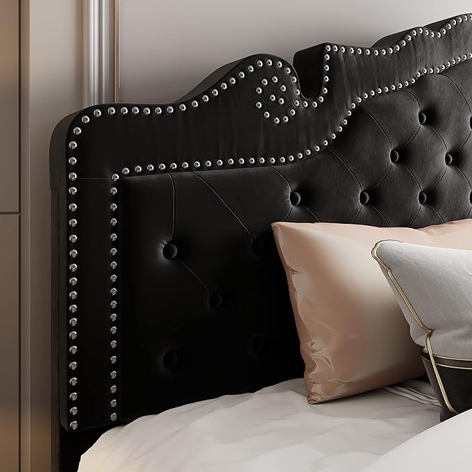 Allewie King Bed Frame with Adjustable Velvet Tiara Headboard, Upholstered