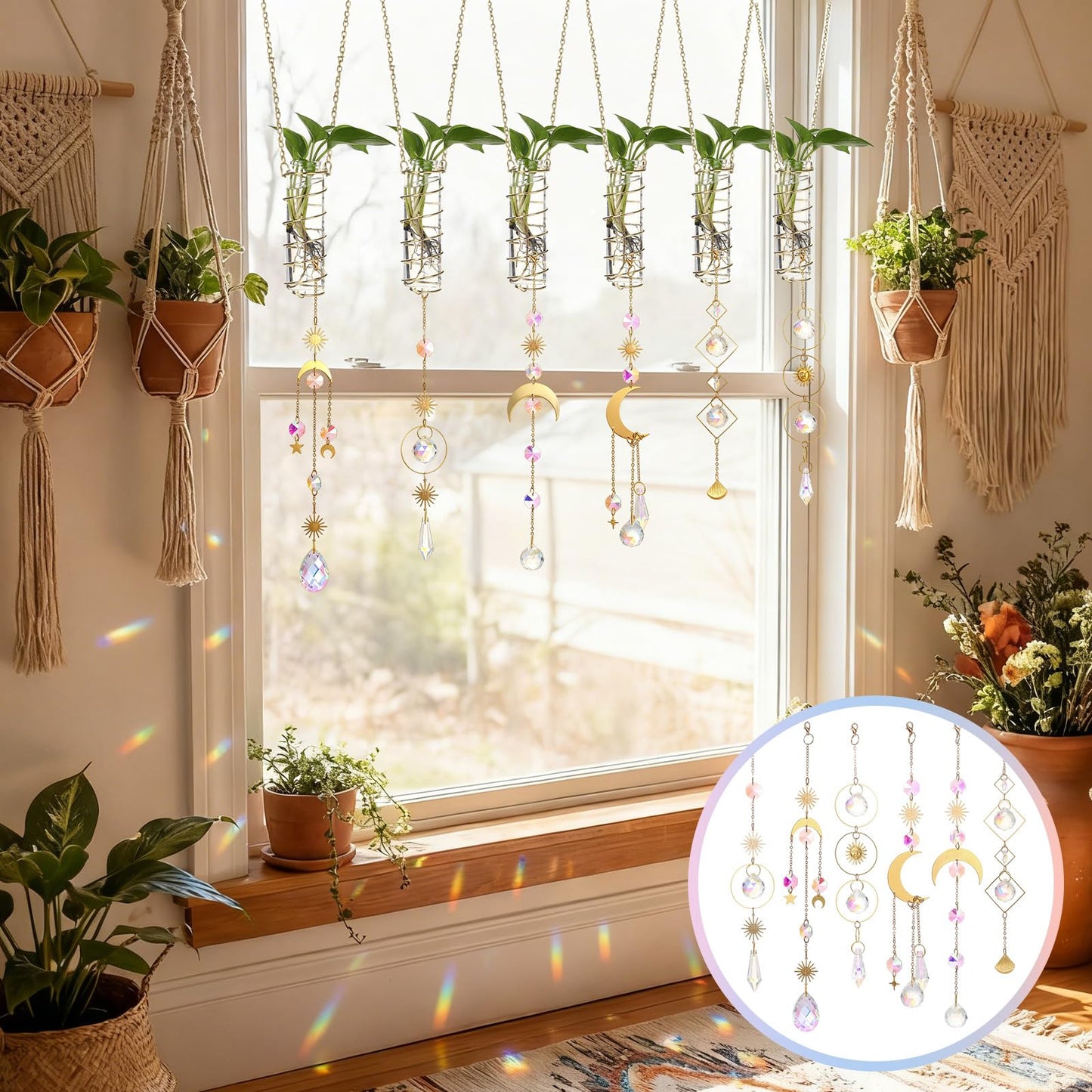 Ferrochef 6 Pcs Plant Propagation Station Colorful Crystal Suncatcher, Handmade Boho Rooting Vase, Hanging Window Plant Propagator Stations Suncatcher with Chain Pendant Ornament Balls