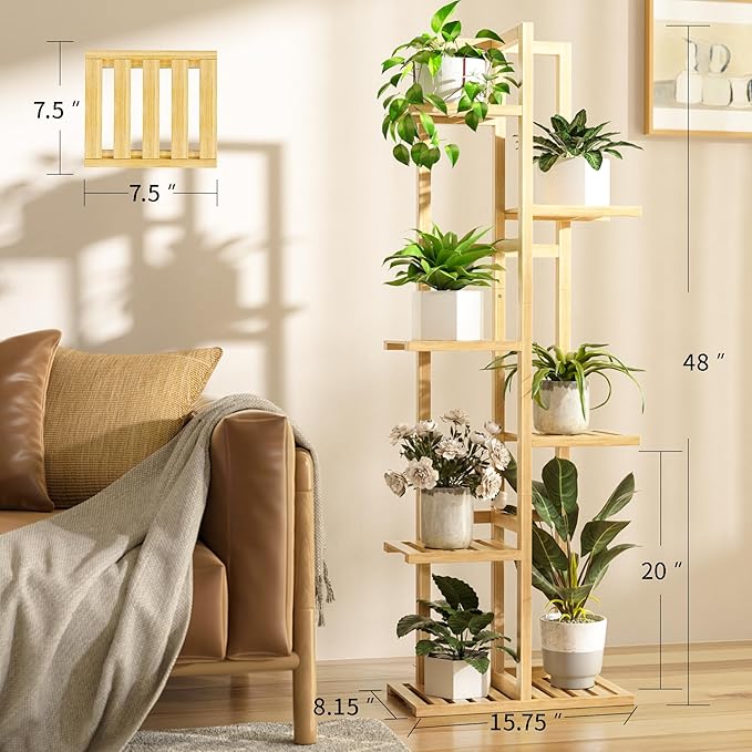 ROMGUAR CRAFT 6 Tier Bamboo Plant Stand Indoor, Wood Tall Flower Holder Corner