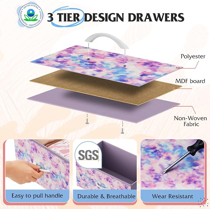 WLIVE Dresser for Bedroom with 8 Drawers, Wide Fabric Dresser for Storage and Organization, Bedroom Dressers, Chest of Drawers for Living Room, Closet, Hallway, Tie-dye Print (Pink, Purple, Blue)