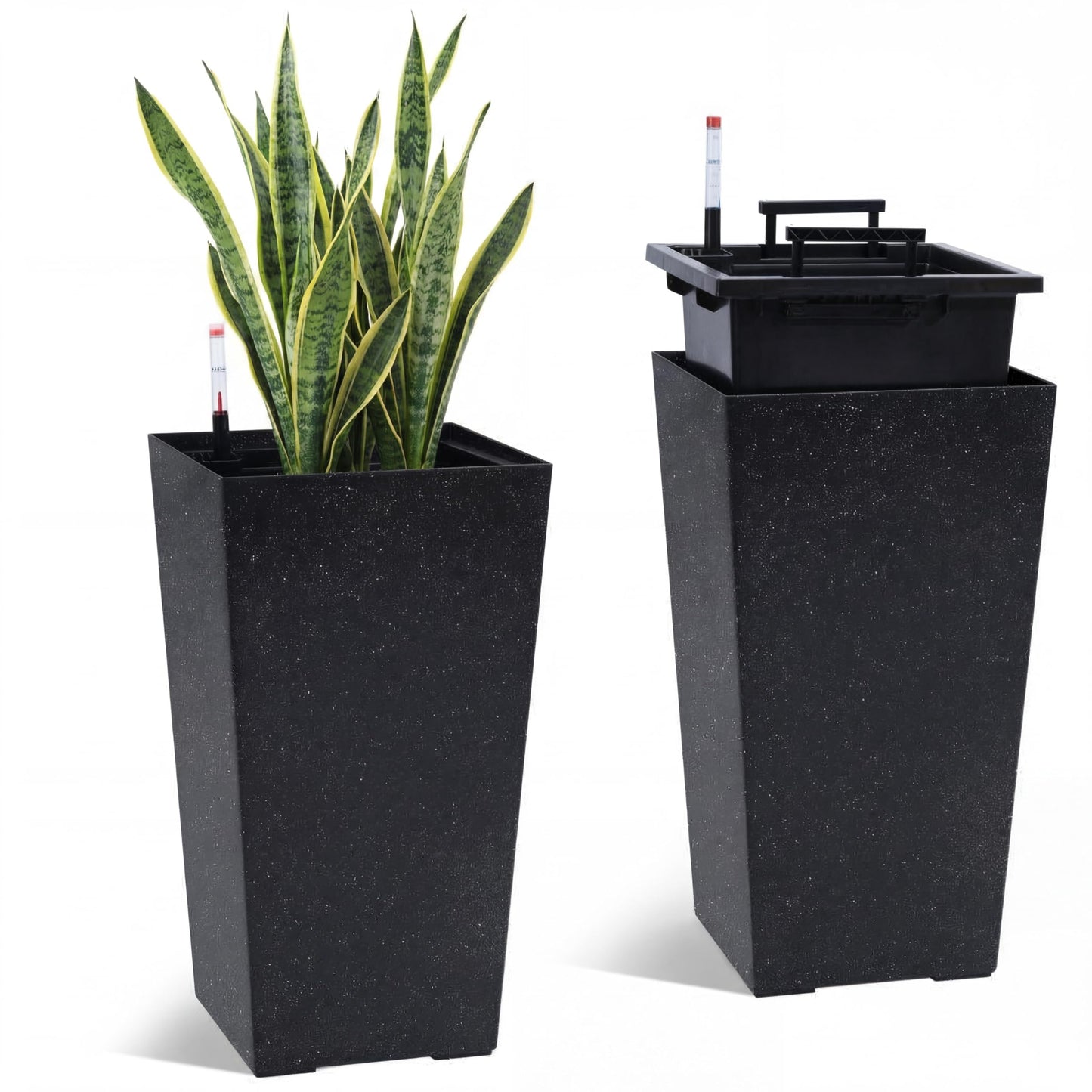 Liyaxenug Tall Planters Set of 2, 22.5 Inch Self-Watering Outdoor Indoor Plant Pot with Water Level Monitor & Drainage Holes, Large Modern Flower Pot with Inner Bucket, Trays & Wheels – Black
