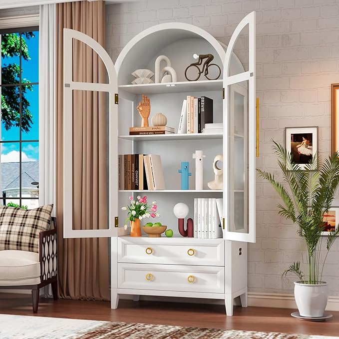 Arched Curio Cabinet with Glass Doors, 4-Tier Display Cabinet with 2 Drawers