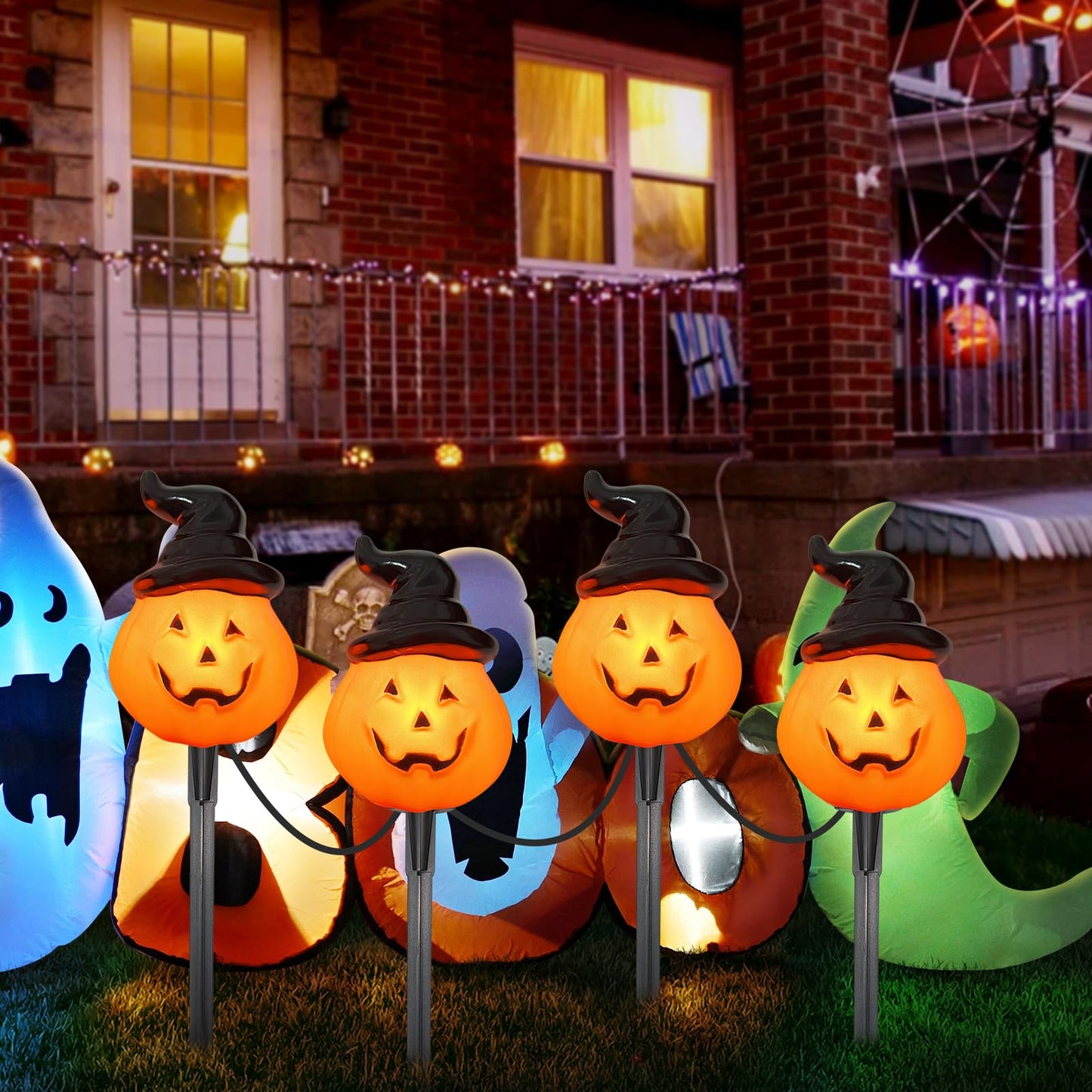 Halloween Hooded Pumpkin Pathway Lights Outdoor, 7Ft C7 Outdoor Halloween Decorations Pathway String Lights with 4 Jack O Lantern Pumpkin Stakes Lights for Garden Yard Walkway Lawn Party Driveway