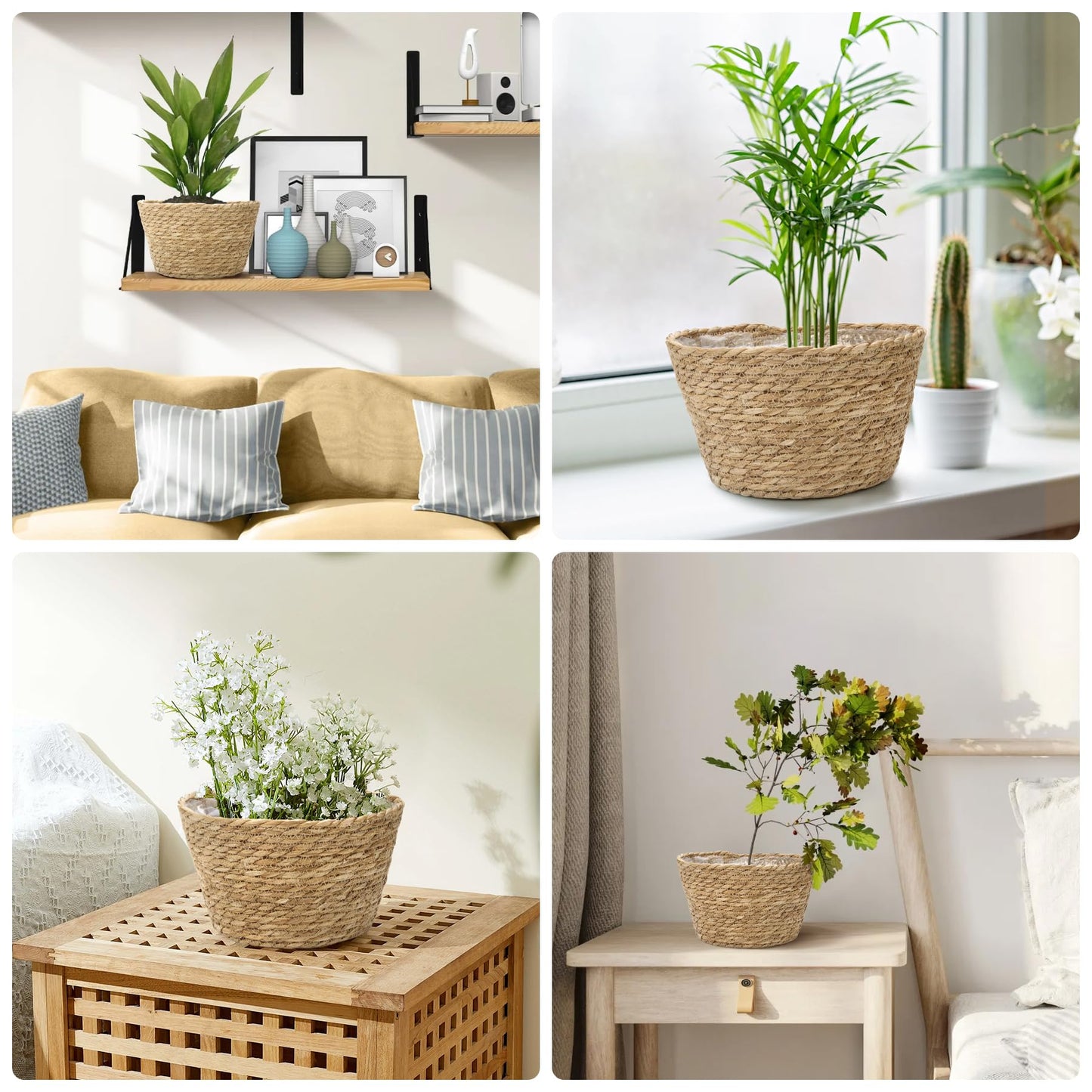 Athaliah Woven Plant Basket Set of 3 with Plastic Liner, Indoor Planter Baskets for Floor Plants, Water Hyacinth & Corn Husk Basket Planters, Decorative Rustic Boho Home Decor