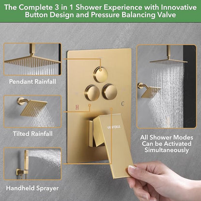 VANFOXLE Shower Faucet Set Brushed Gold Shower System, Push Button Diverter Shower Faucet with Trim Kit, Ceiling Mount 10 Inch Shower Head Increased Thick, 6 Inch Side Shower Head, 2-in-1 Handheld