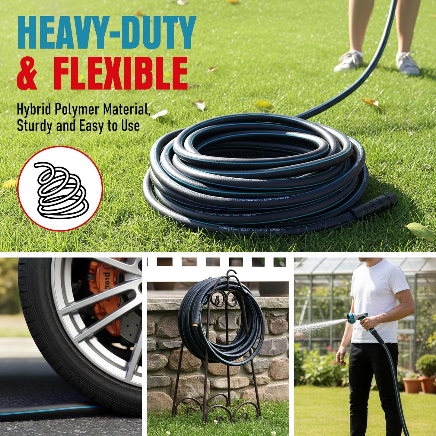 Garden Hose 25 ft x 5/8" with Nozzle, Water Hose Heavy Duty Flexible, Lightweight Kink-less Hybrid Hose with Swivel Handle, Male to Female Fittings