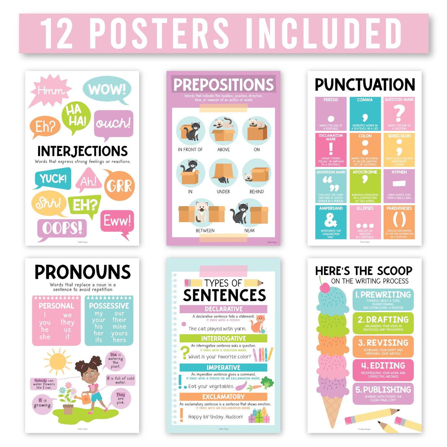 Parts of Speech Posters for Classroom Must Haves - 12 Grammar Posters, Writing Process for Homeschool, Elementary & Middle School, ELA 3rd 4th & 5th Grade Teacher Must Haves, Pastel Classroom Decor