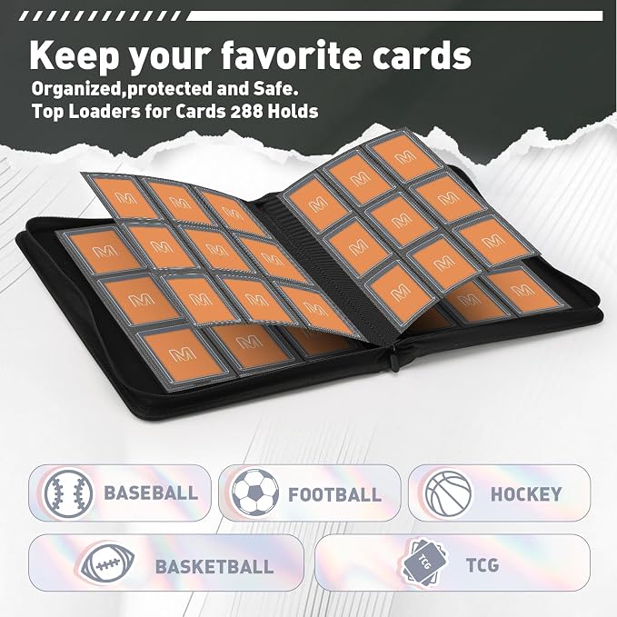 Toploader Binder,Trading Card Binder Storage Hold up 288 Cards 9-Pocket Top Loader Binder with Sleeves for 3"x4" Rigid Toploaders Hard Cases (9Carbon Fiber Black)