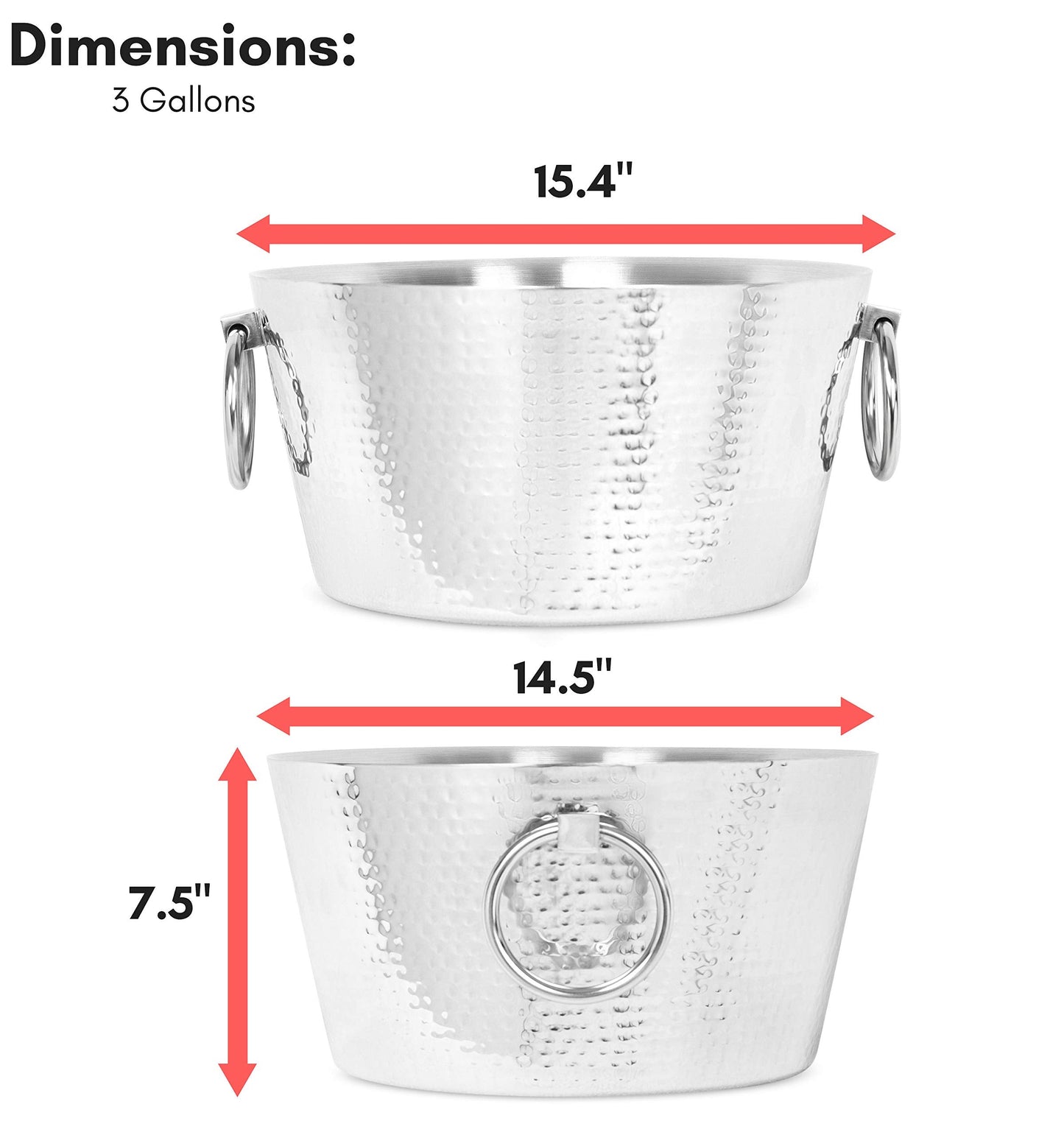 BIRDROCK HOME Hammered Stainless Steel Round Beverage Tub with Handles - Double Wall Insulated 3 Gallons - Metal Drink Cooler & Ice Bucket for Parties - Outdoor Aluminum Holder for Bottles & Soda