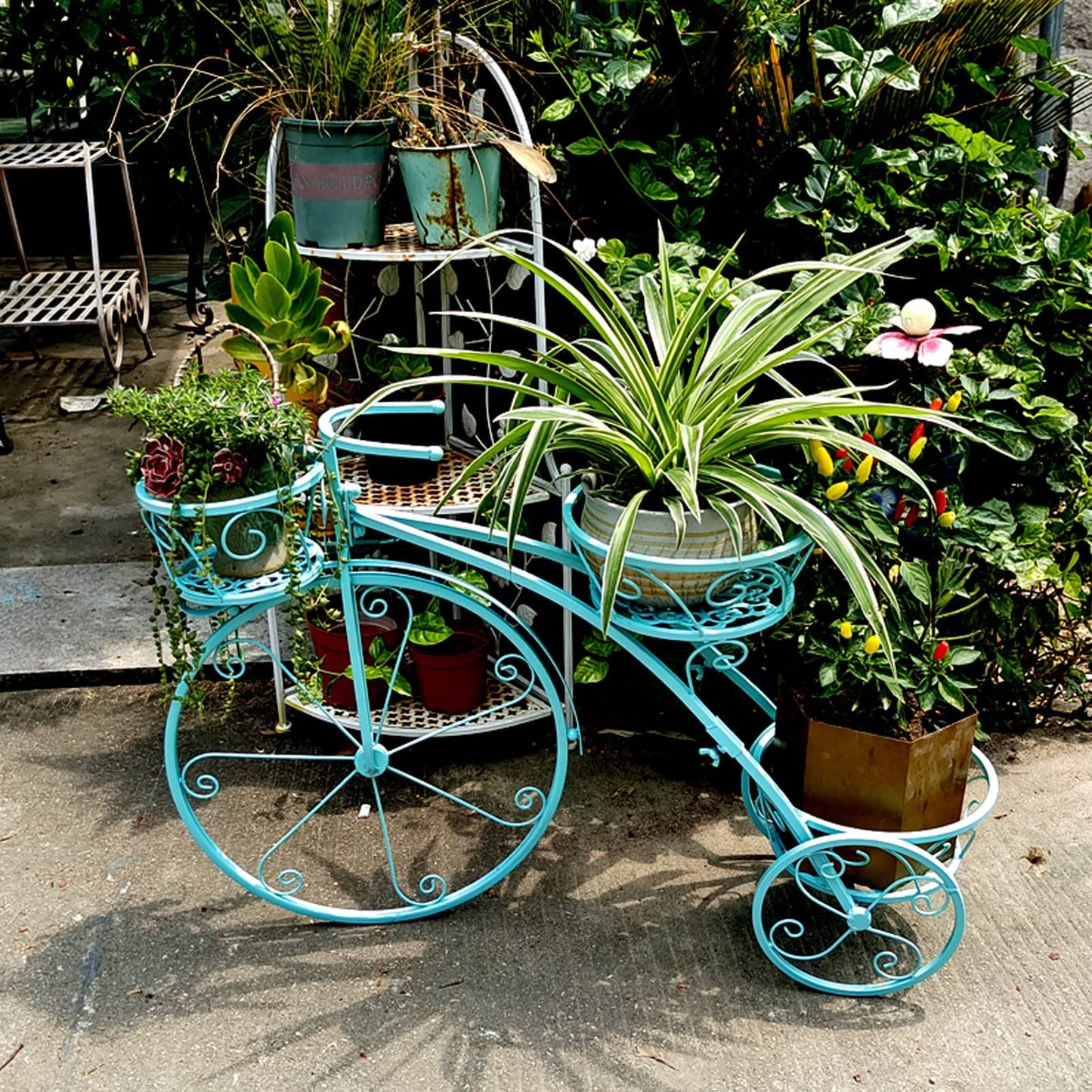 Metal Planter Rack, Bicycle Shape | Plant Flower Display Stand | Plant Shelf Indoor Outdoor Garden | Tiered Plant Stand Holder Display Stand, 3 Potted ,Blue
